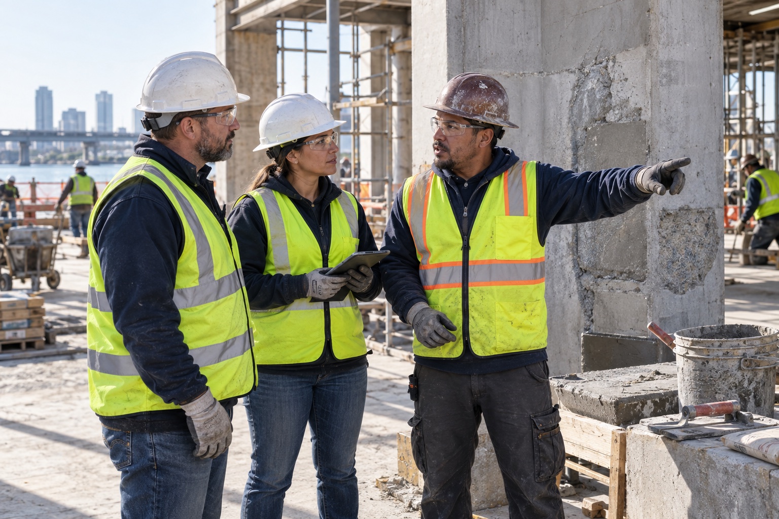 Three construction workers in hard hats and vests assessing a hazard together on a job site, one pointing to the work area