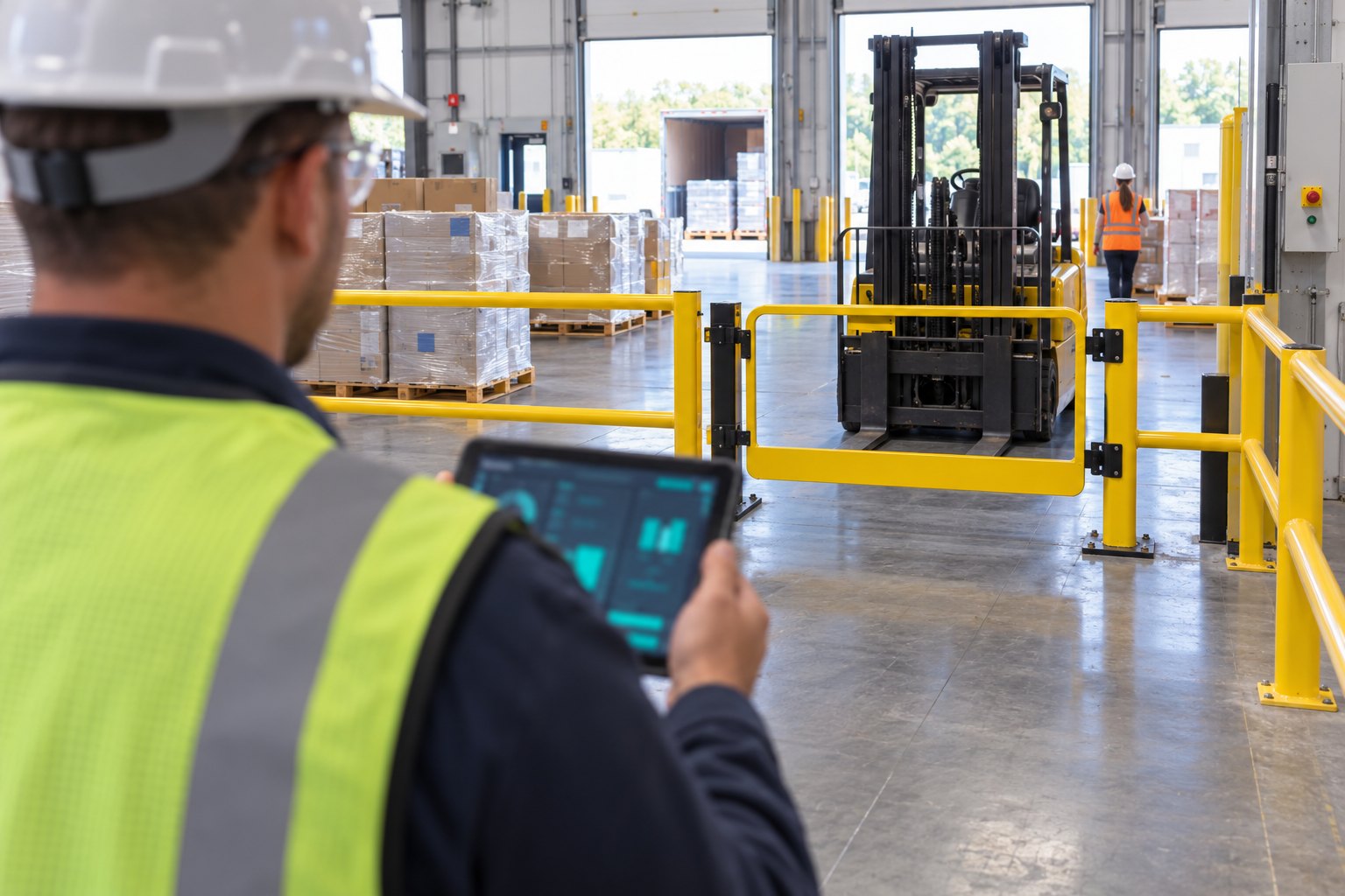 A shift supervisor using X3 Hazards on a tablet at the edge of a warehouse shipping aisle