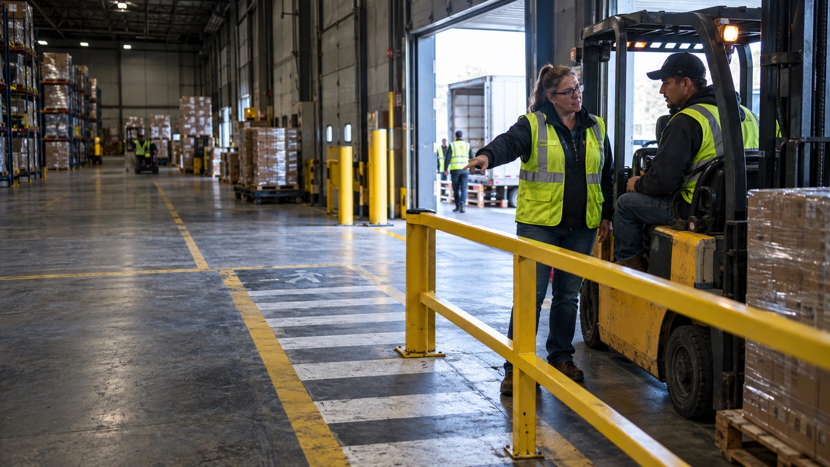 A supervisor pointing out a marked pedestrian crossing to a forklift operator beside a yellow guardrail at a warehouse dock door