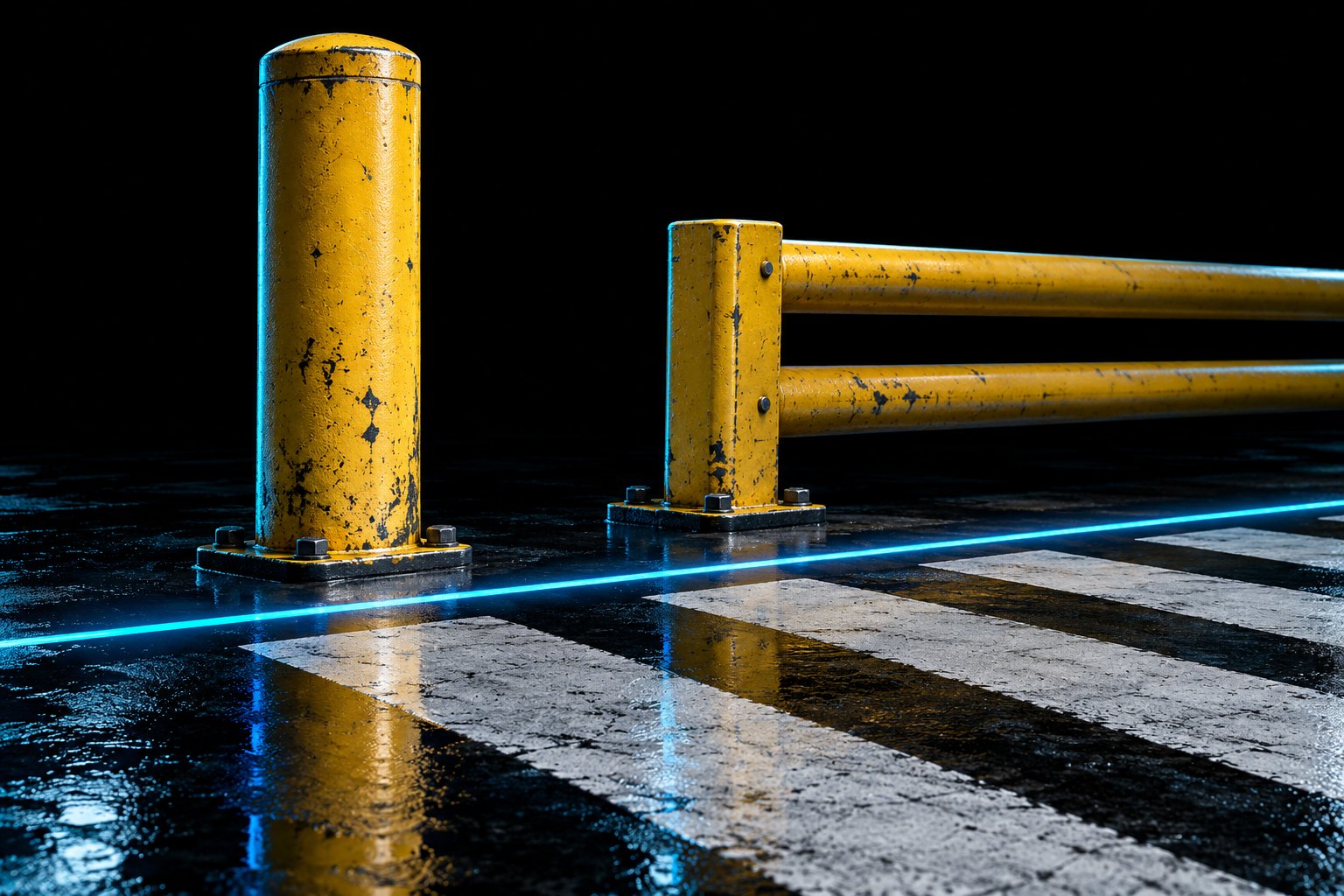 A heavy yellow steel safety bollard and a short section of yellow steel guardrail bolted to the black floor, scuffed from real use