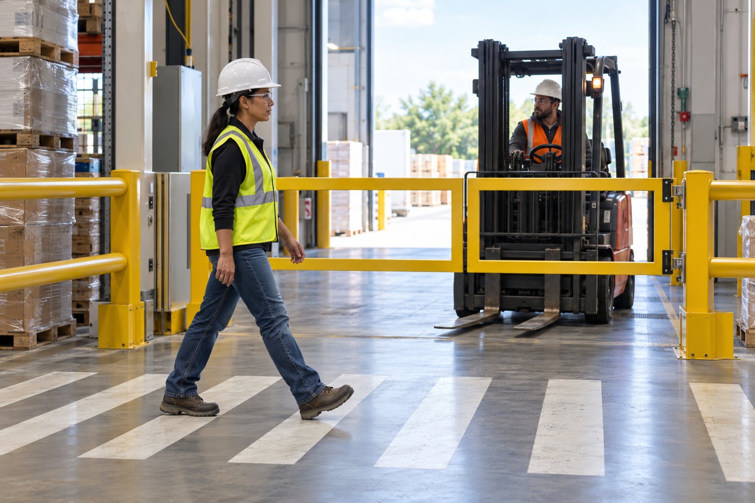 A warehouse dock aisle with a new yellow pedestrian gate and fixed guardrail