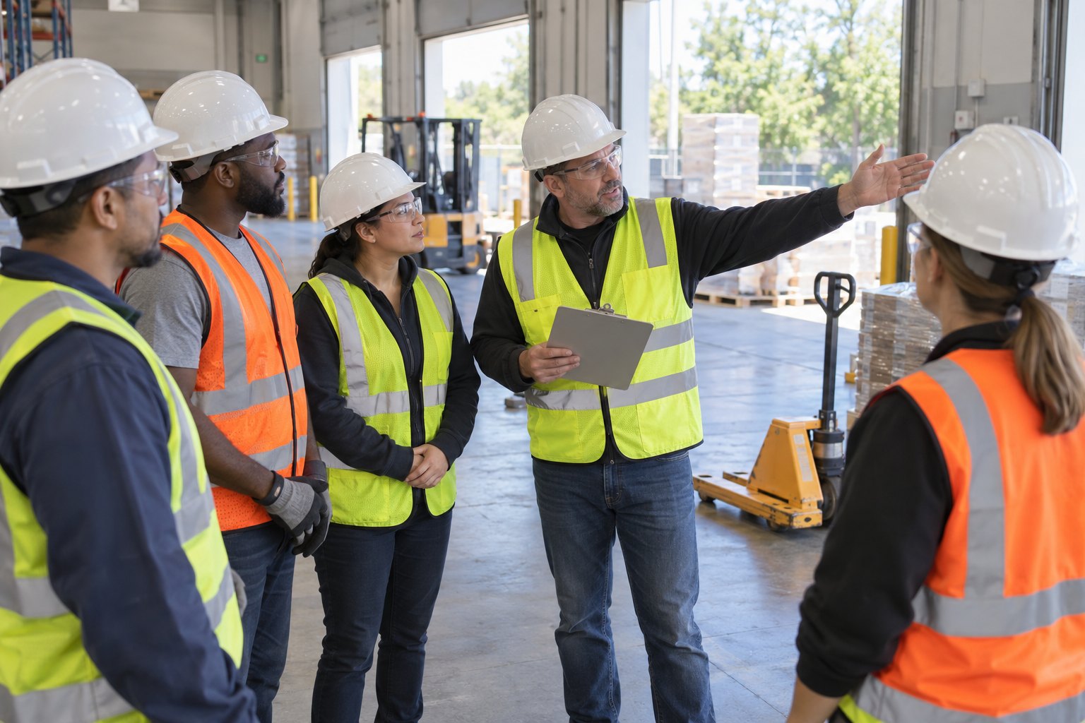A pre-task briefing on a warehouse floor