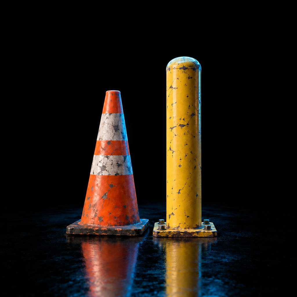 One bright orange traffic cone, scuffed from use, standing next to a single yellow steel safety bollard