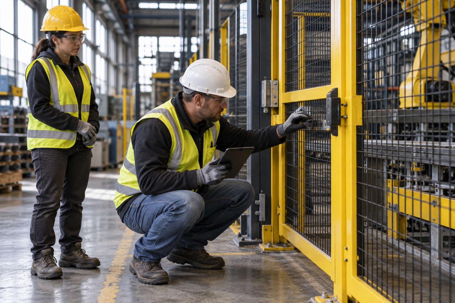 A worker kneeling to check an interlocked safety gate while a second person observes with a clipboard